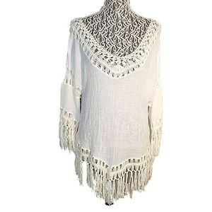 SIONI  Fringe Crochet Cover Up Tunic‎ Top Boho Beach Festival White L coastal